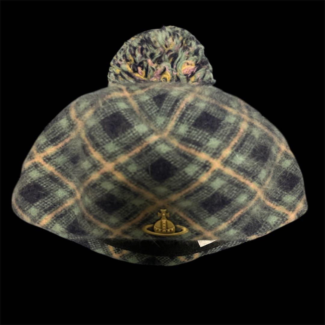 Vivienne Westwood アンゴラウール ポンポン付 チェックベレー帽