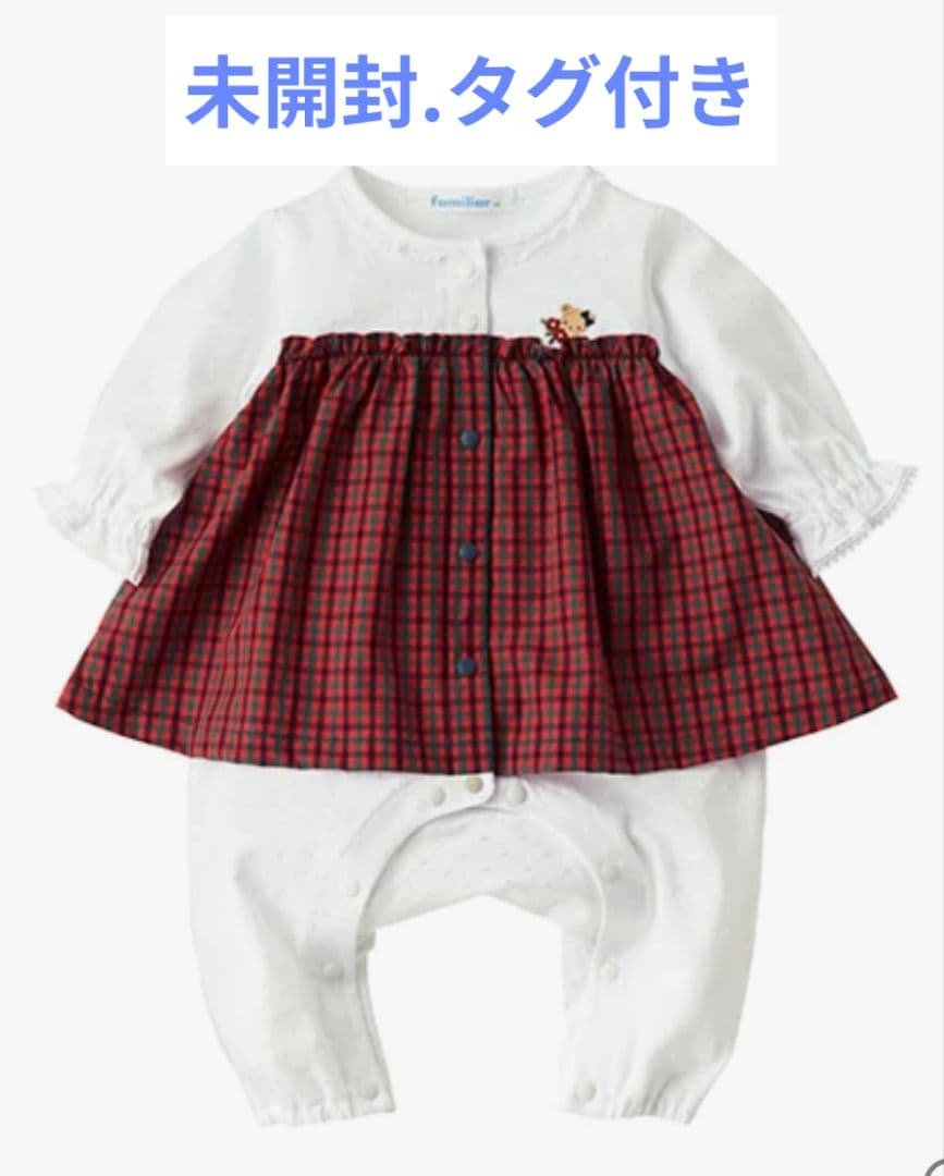 familiar 赤 チェック柄カバーオール 60cm ★ロンパース　春夏〜秋
