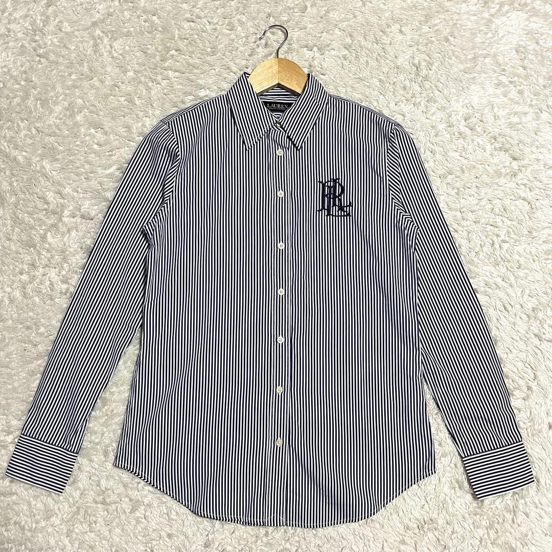 ローレンラルフローレン 現行 QRタグ ストライプ 長袖シャツ 青 刺繍ロゴ
