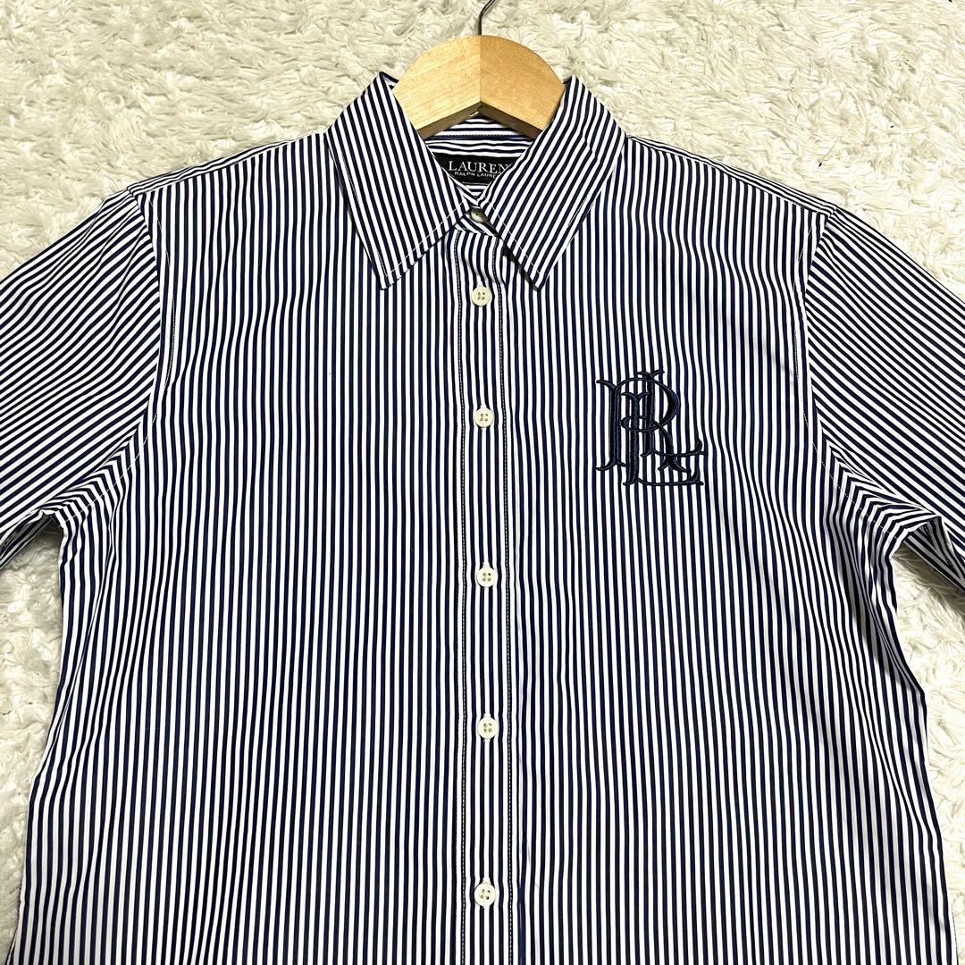 ローレンラルフローレン 現行 QRタグ ストライプ 長袖シャツ 青 刺繍ロゴ