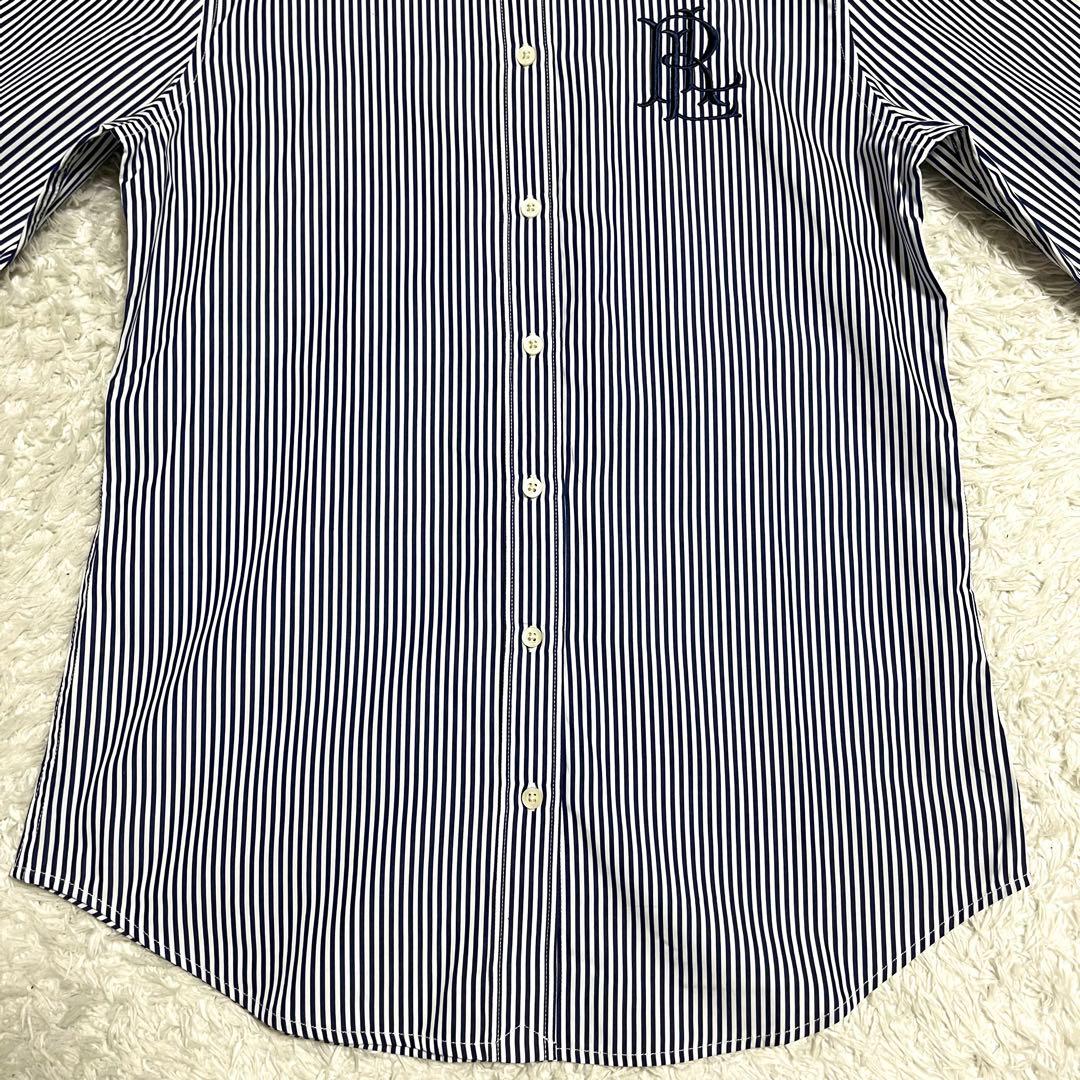 ローレンラルフローレン 現行 QRタグ ストライプ 長袖シャツ 青 刺繍ロゴ