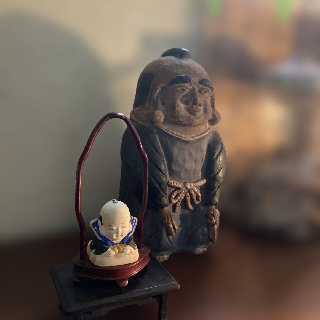 西郷どん似のジャンボ福助(当時物) ＆　可愛らしいミニ福助の2点セットです。