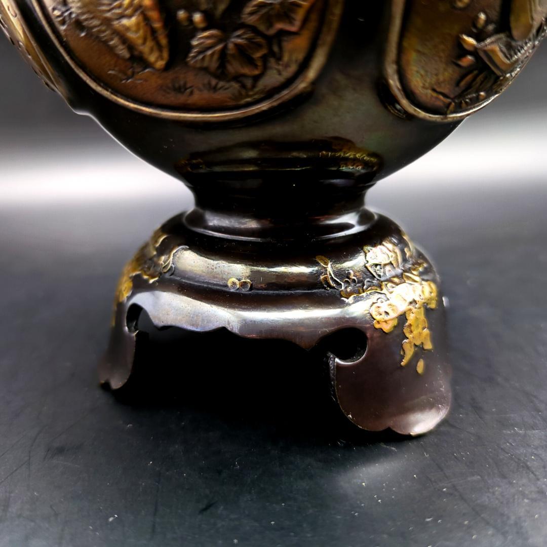 高岡銅器 瑞峰堂 大峰 花鳥文 銅製 香炉 証 共箱付 六面花鳥図 蝋型鋳銅