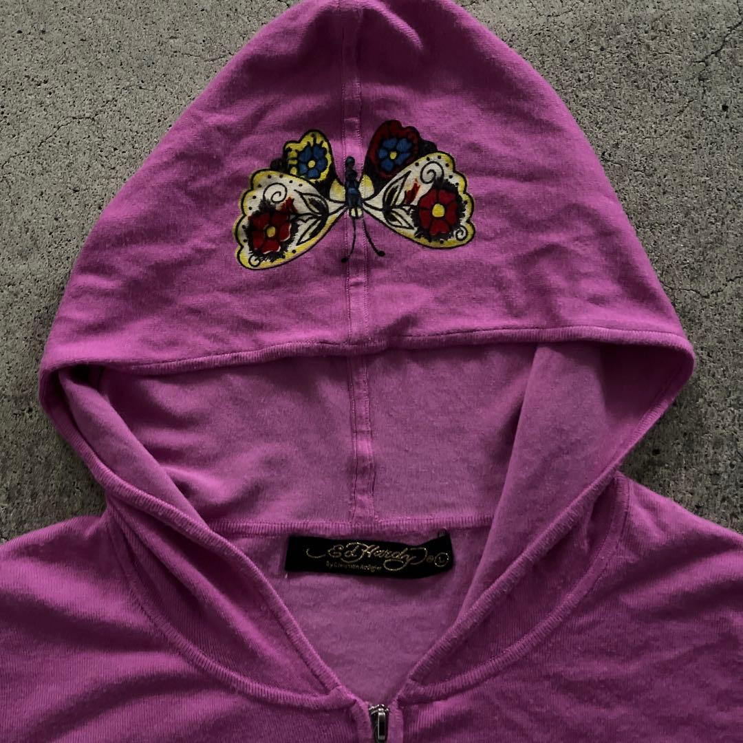 エドハーディー　ジップパーカー　 ピンク　刺繍　y2k 平成ギャルラインストーン