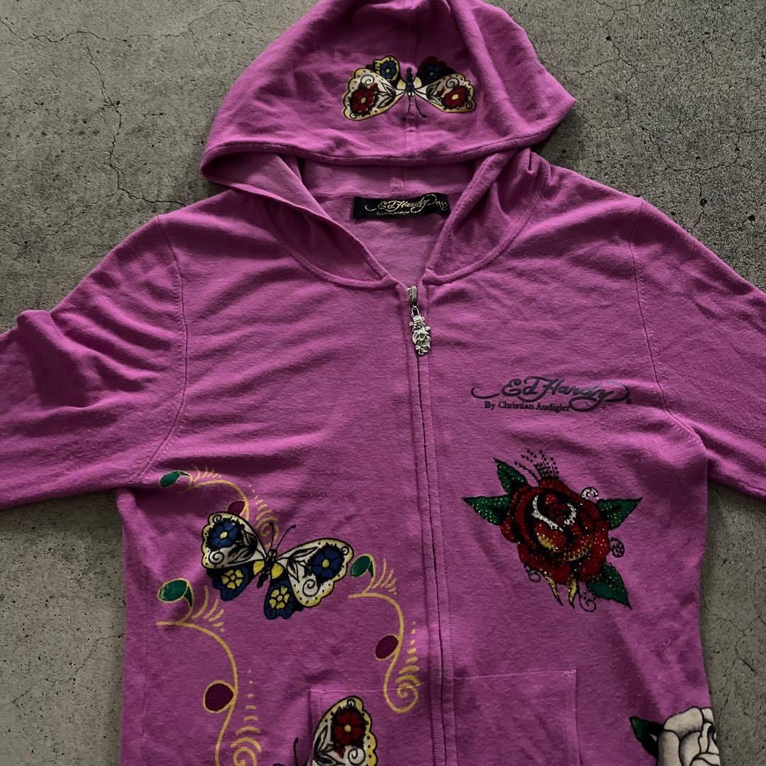 エドハーディー　ジップパーカー　 ピンク　刺繍　y2k 平成ギャルラインストーン