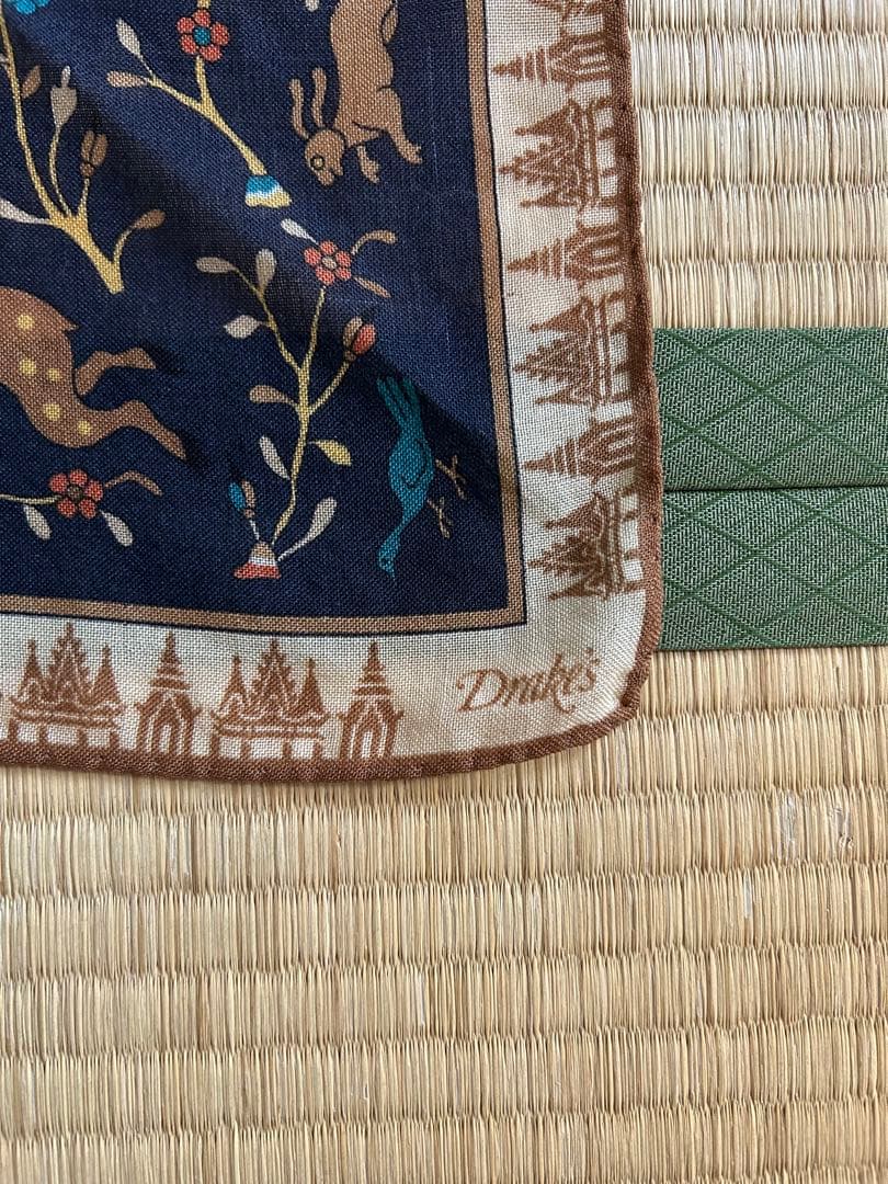 Drake's 動物柄 ネイビー スカーフ ストール ウールシルク