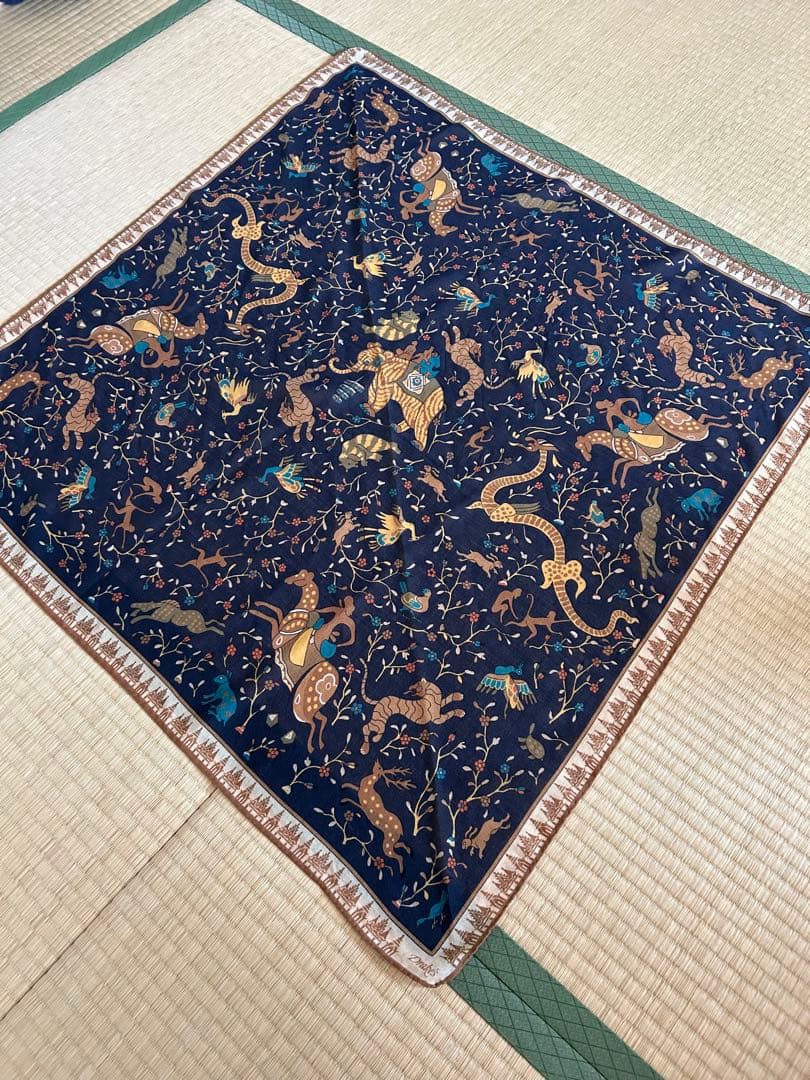 Drake's 動物柄 ネイビー スカーフ ストール ウールシルク