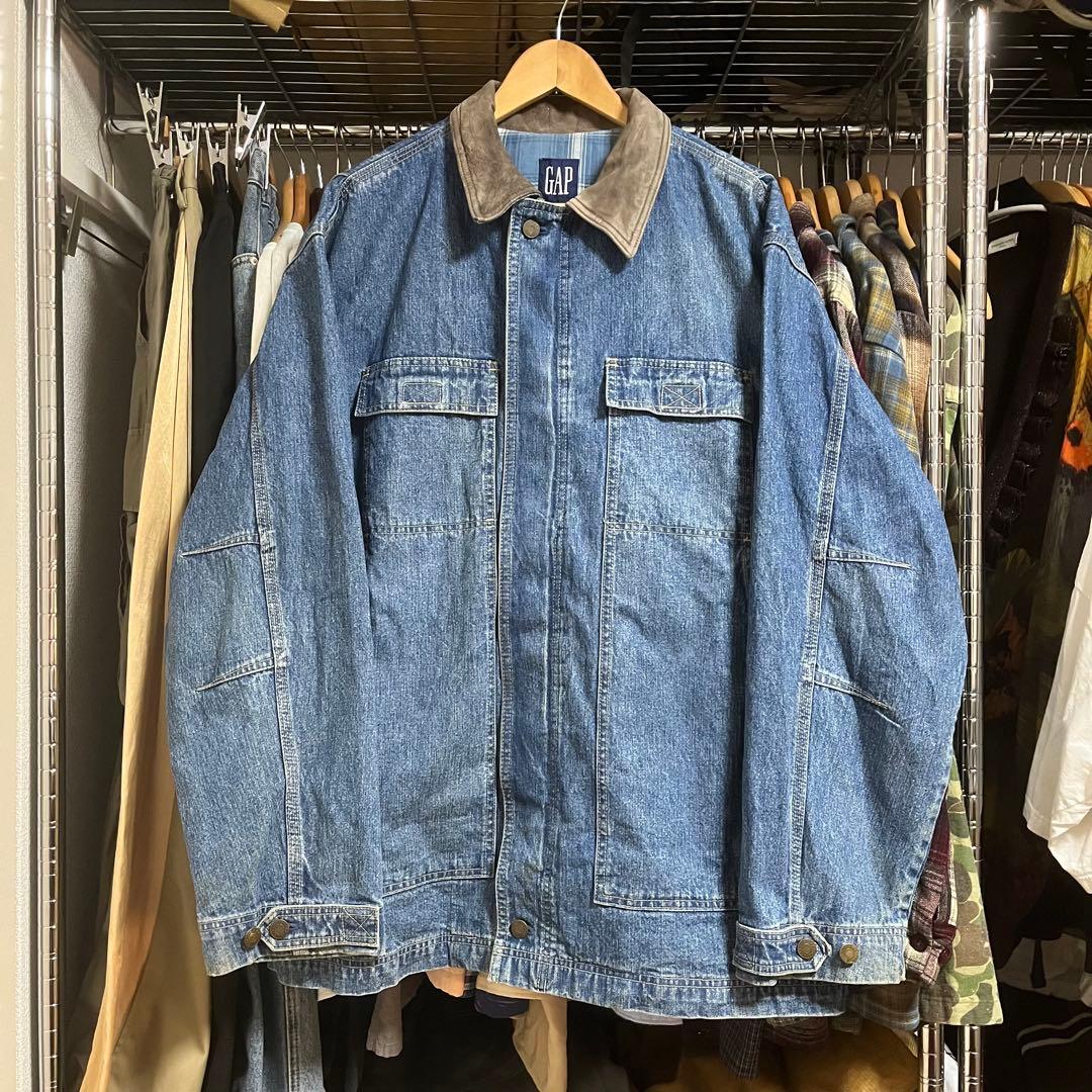 80s-90s old GAP デニムジャケット レザー切り替え 裏地チェック