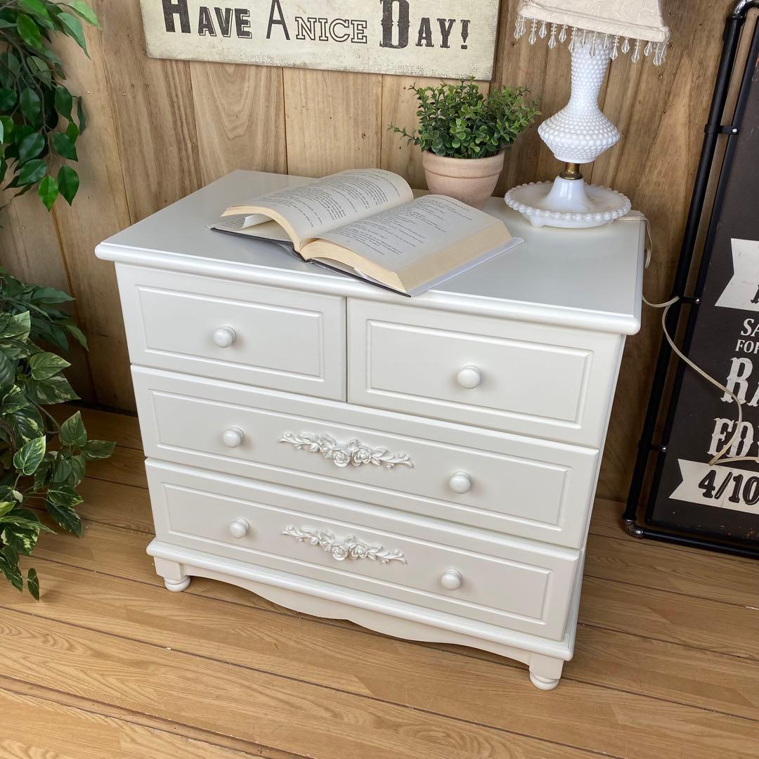 訳あり品！【112】フレンチ調ホワイトチェスト三段四つ引き木製収納家具姫系タンス