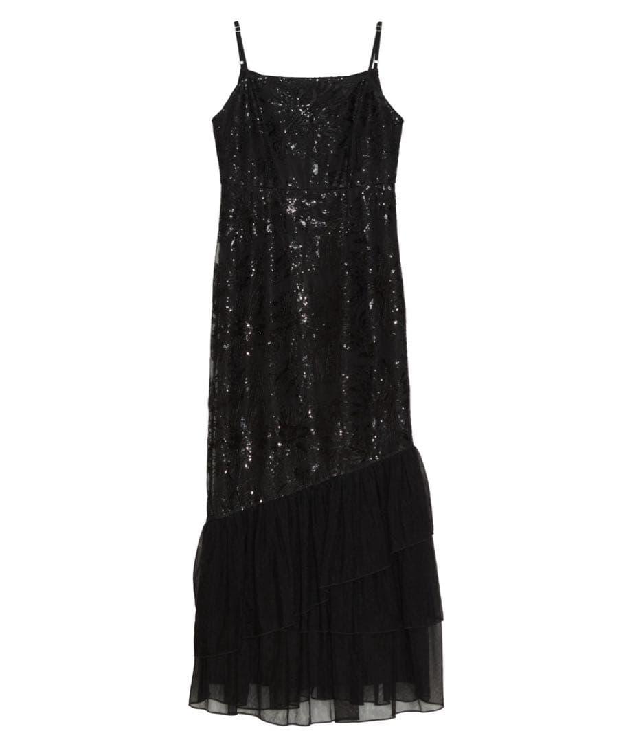 新品　フラワースパンコールチュールフリルスリーブIラインワンピースドレス