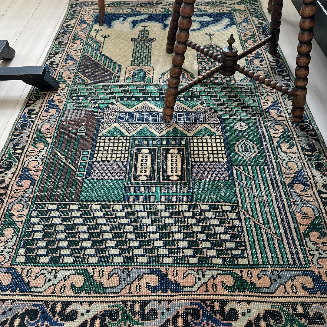 トルコ ヴィンテージラグ A1 レア イエロー グリーン ネイビー ピンク