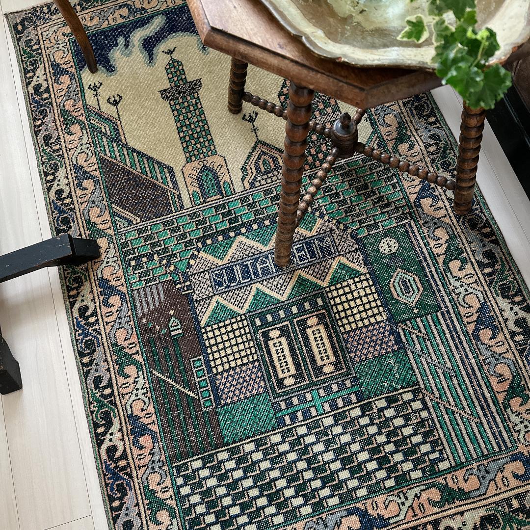 トルコ ヴィンテージラグ A1 レア イエロー グリーン ネイビー ピンク