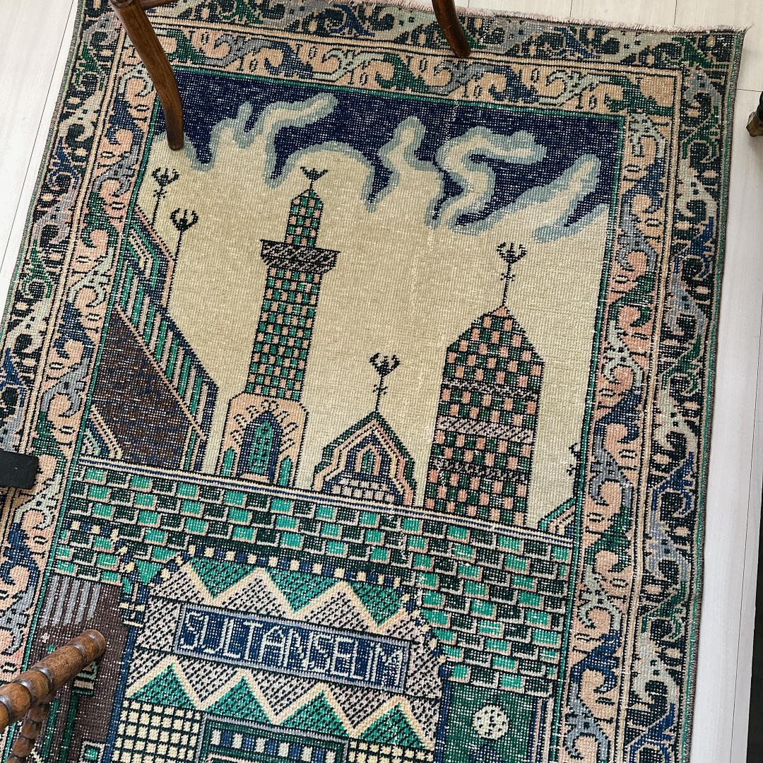 トルコ ヴィンテージラグ A1 レア イエロー グリーン ネイビー ピンク