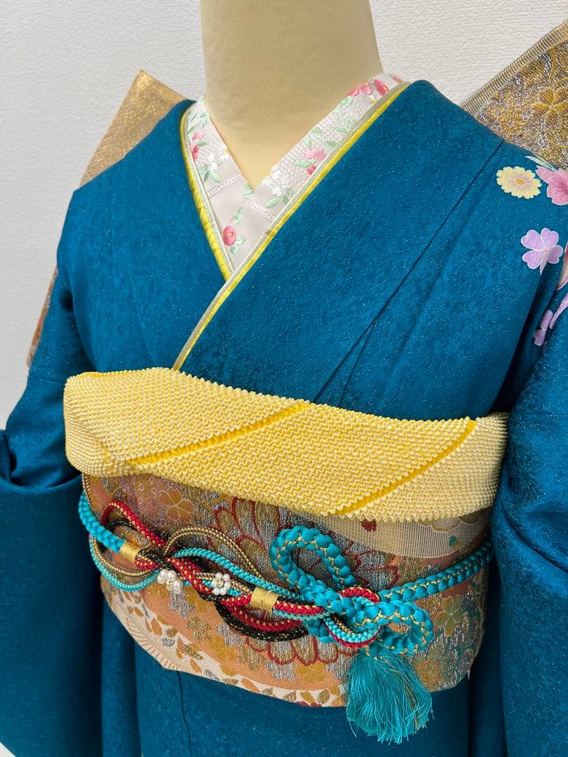 振り袖　フルセット　別誂長襦袢付　ブルー　成人式　金彩加工　金通し　714