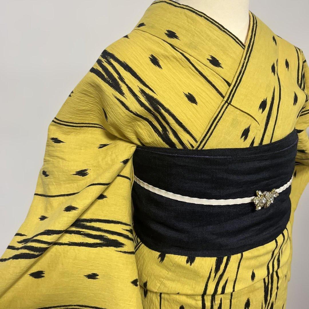 a-09 辛子色　からし色　イエロー　黒　浴衣　綿麻　　裄71 裄長め