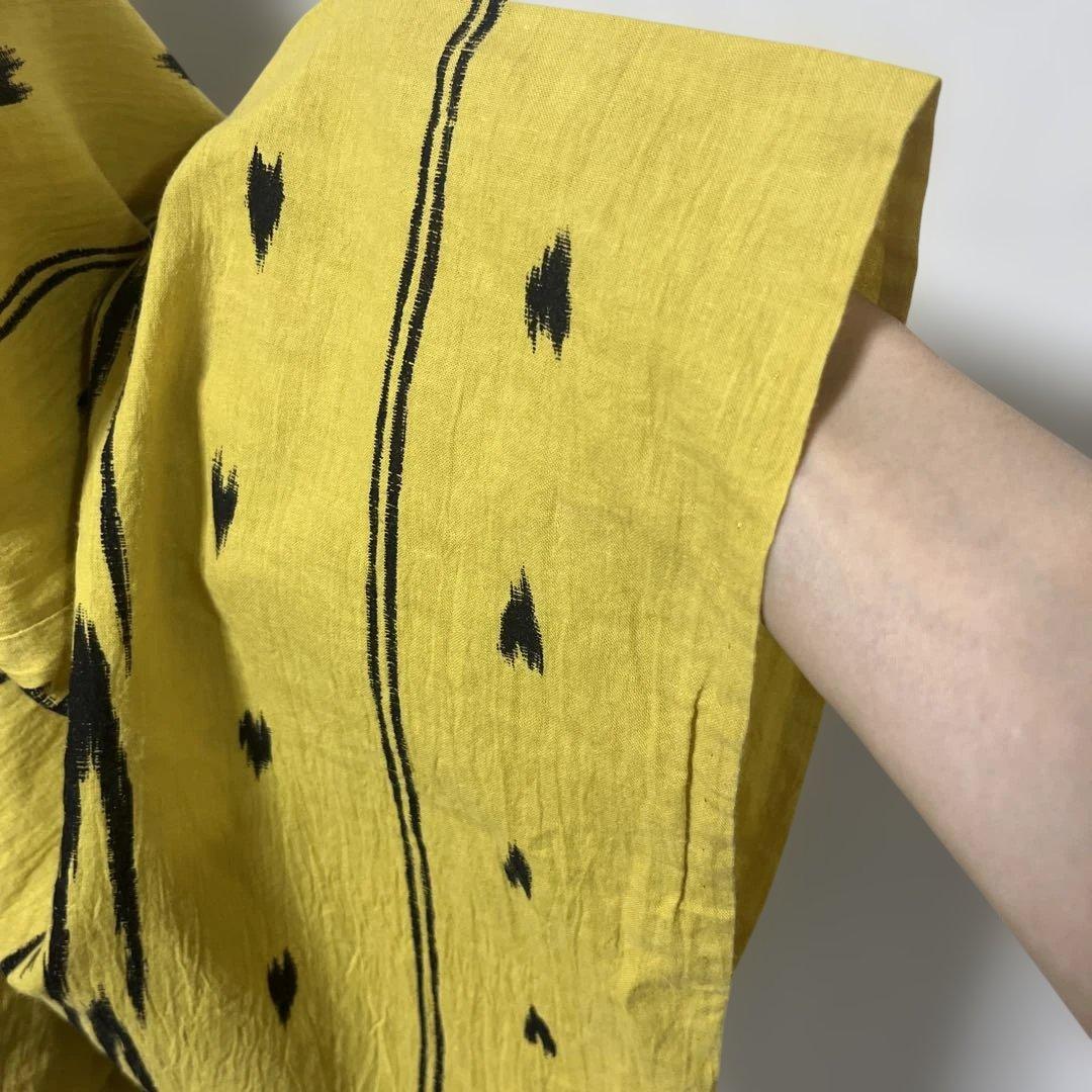 a-09 辛子色　からし色　イエロー　黒　浴衣　綿麻　　裄71 裄長め