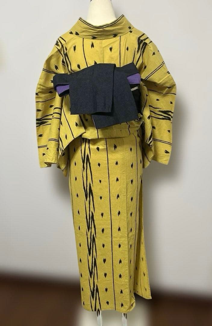 a-09 辛子色　からし色　イエロー　黒　浴衣　綿麻　　裄71 裄長め