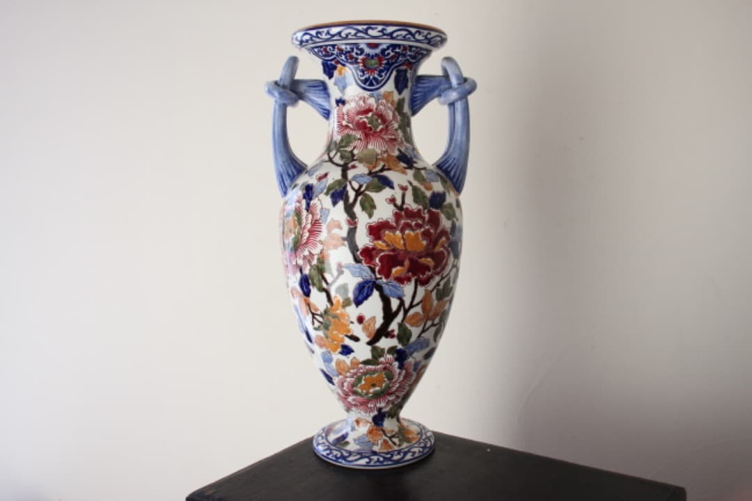 フランス　GIEN　ジアン　ハンドペイント　ファイアンス焼　花瓶　牡丹