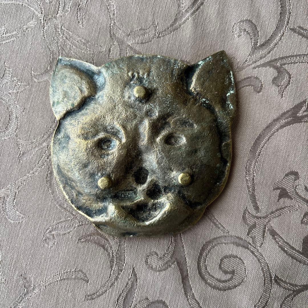 レア! ブロカント 緑の眼の猫のトレイブラス真鍮ビンテージアンティークガラスの瞳