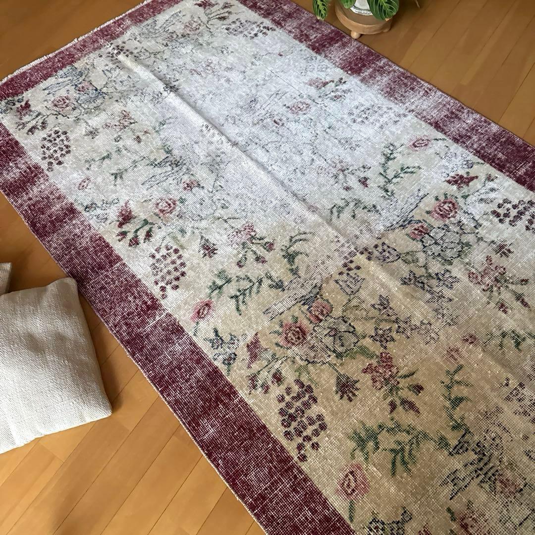 111×207 擦れシャビー　幸せな青い鳥　トルコヴィンテージラグ