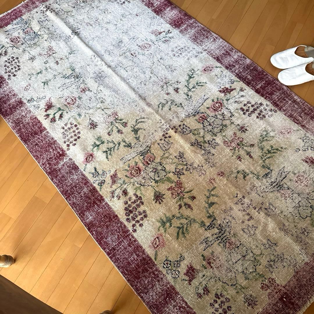 111×207 擦れシャビー　幸せな青い鳥　トルコヴィンテージラグ