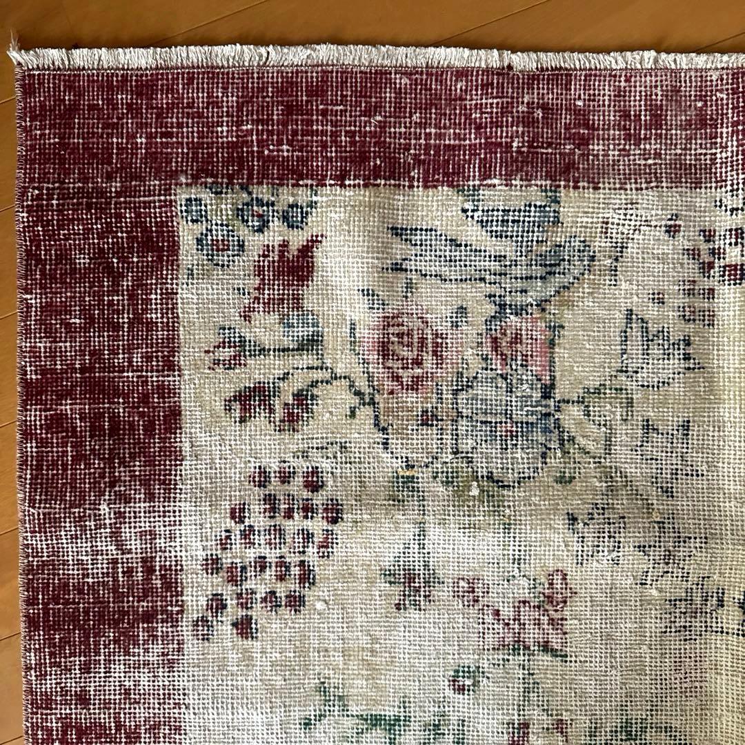 111×207 擦れシャビー　幸せな青い鳥　トルコヴィンテージラグ