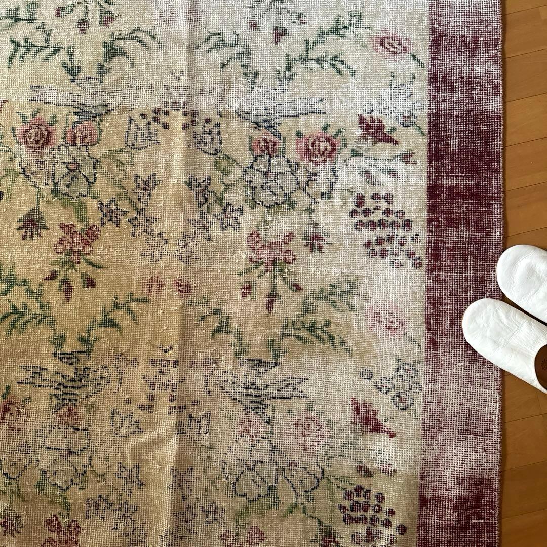 111×207 擦れシャビー　幸せな青い鳥　トルコヴィンテージラグ