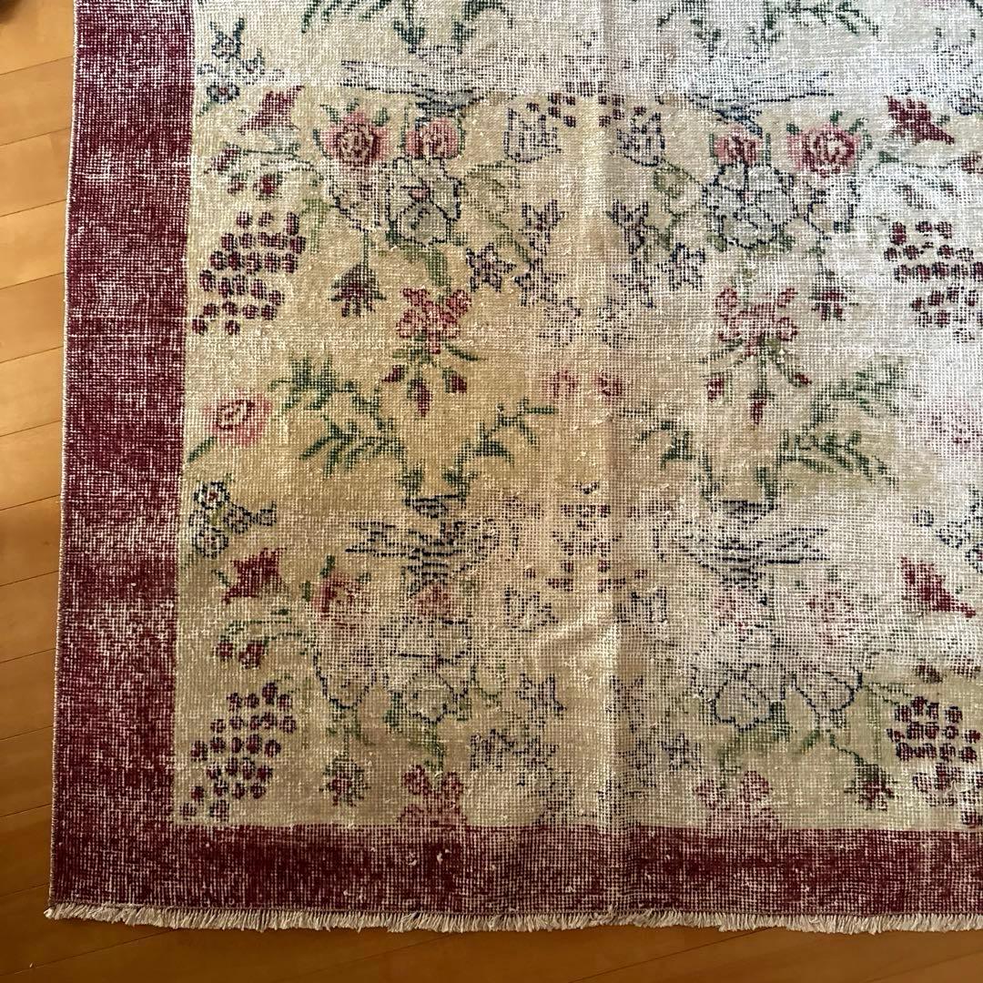 111×207 擦れシャビー　幸せな青い鳥　トルコヴィンテージラグ