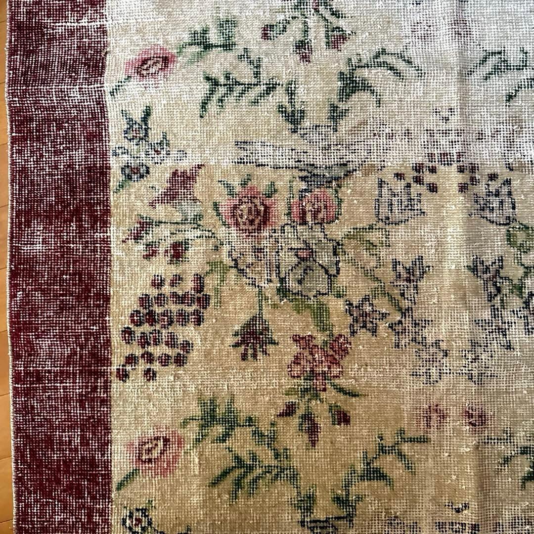 111×207 擦れシャビー　幸せな青い鳥　トルコヴィンテージラグ