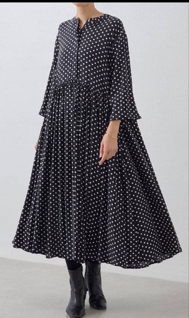 【極美品 】ビアズリー BEARDSLEY ドットギャザーワンピース　ロング