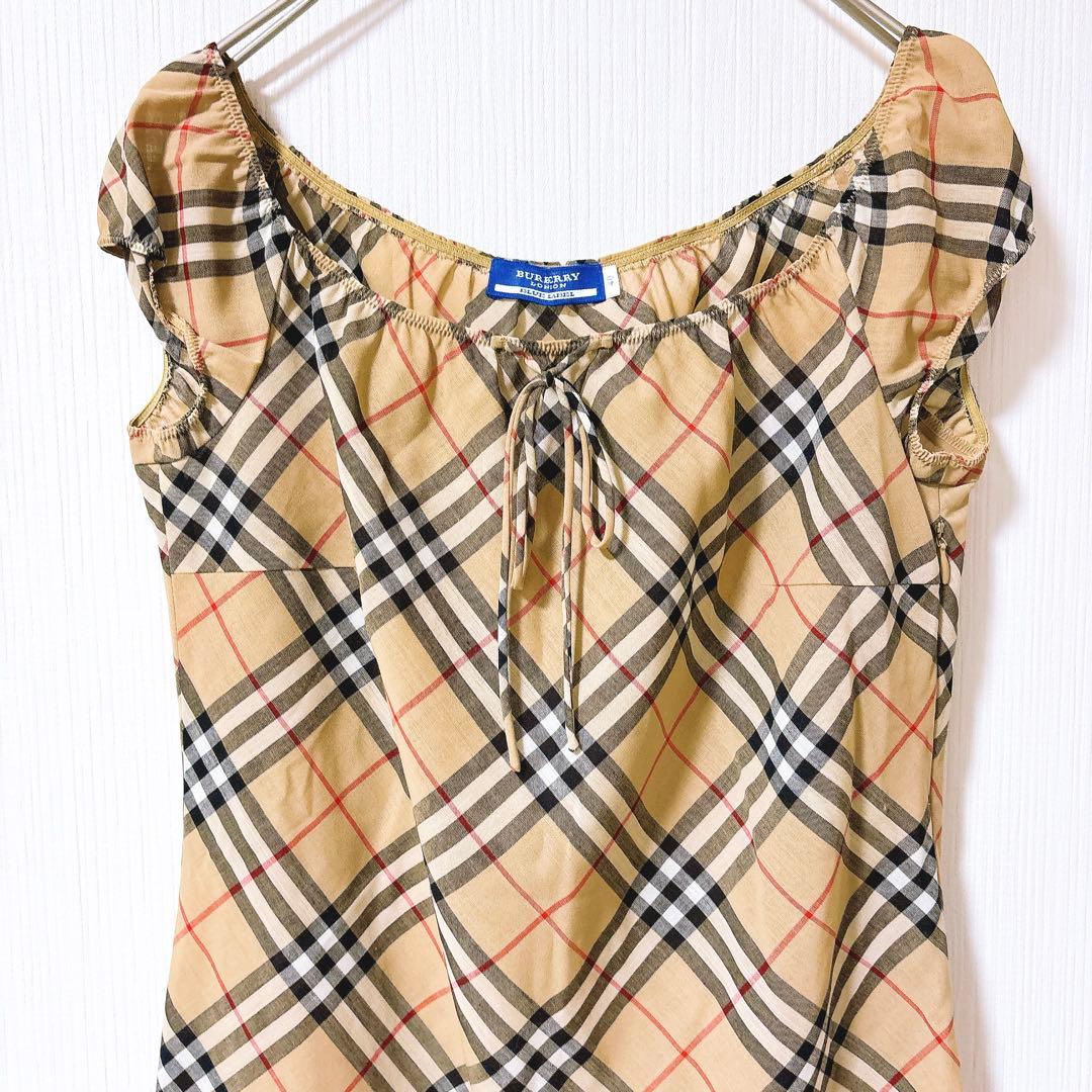 【美品】バーバリーブルーレーベル　ノバチェック　ワンピース　リボン　半袖　ウール