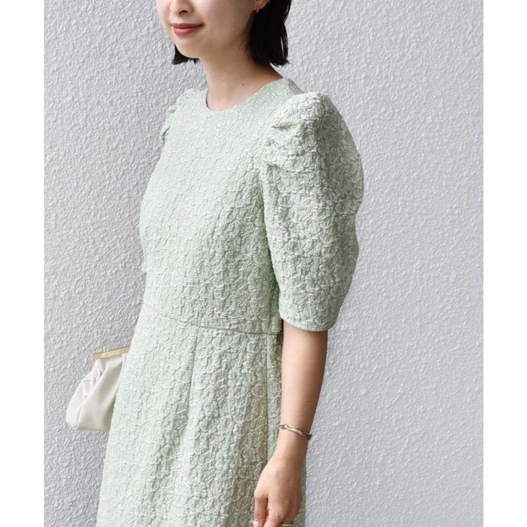 ギャザースリーブ　ジャカード　ロングワンピース(ライトグリーン)