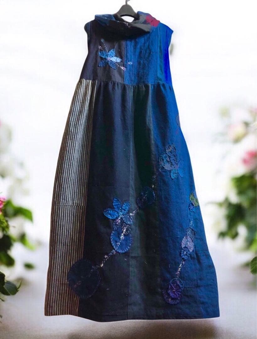 藍染古布＋藍染家紋古布＋古布色々ワンピース　スヌード付き
