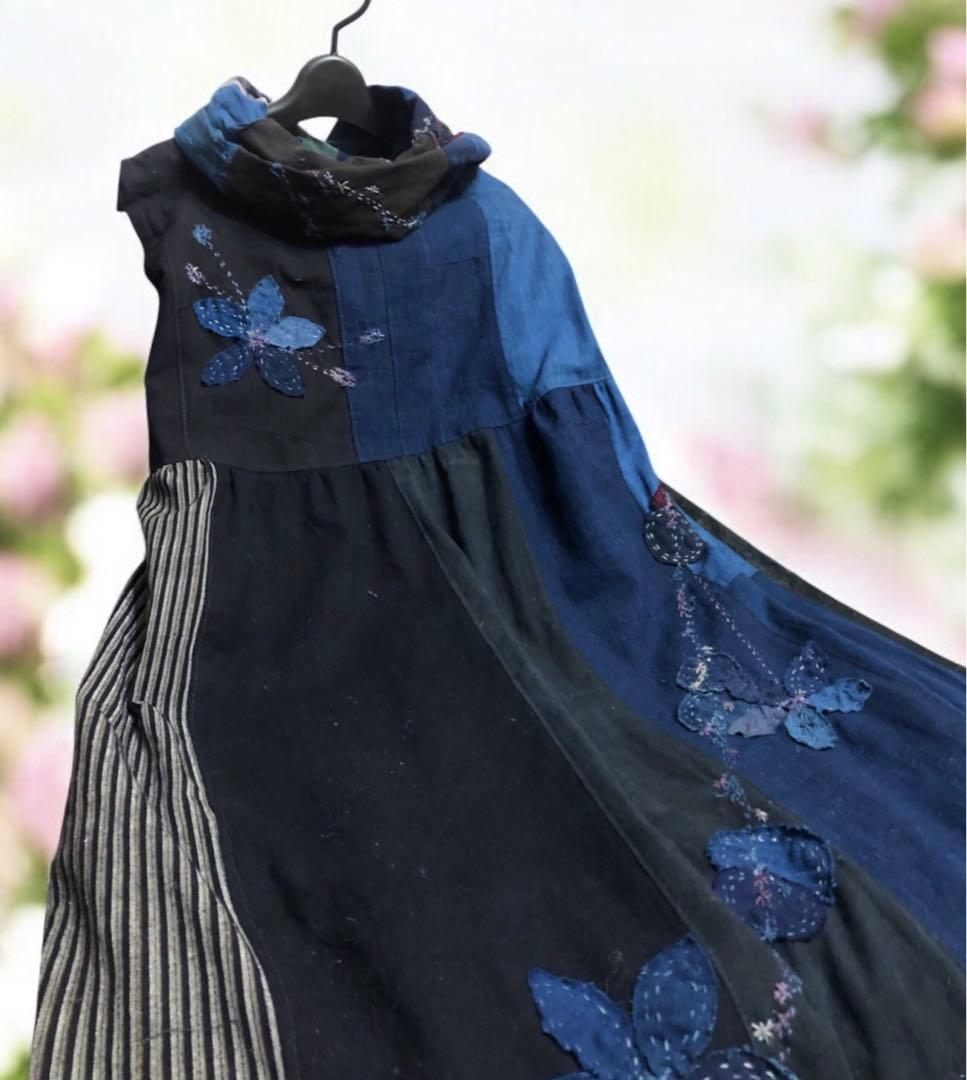 藍染古布＋藍染家紋古布＋古布色々ワンピース　スヌード付き