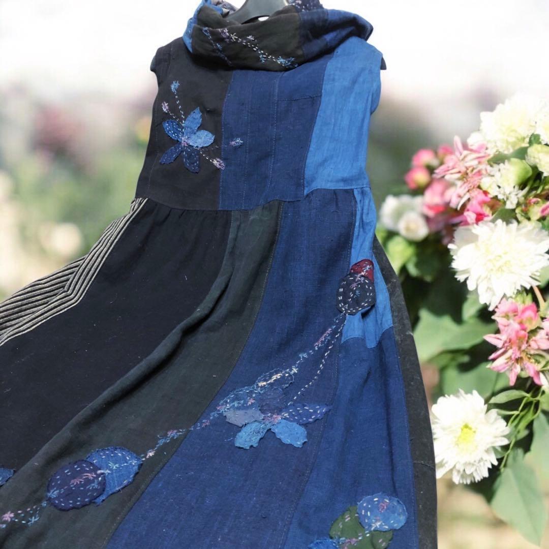 藍染古布＋藍染家紋古布＋古布色々ワンピース　スヌード付き