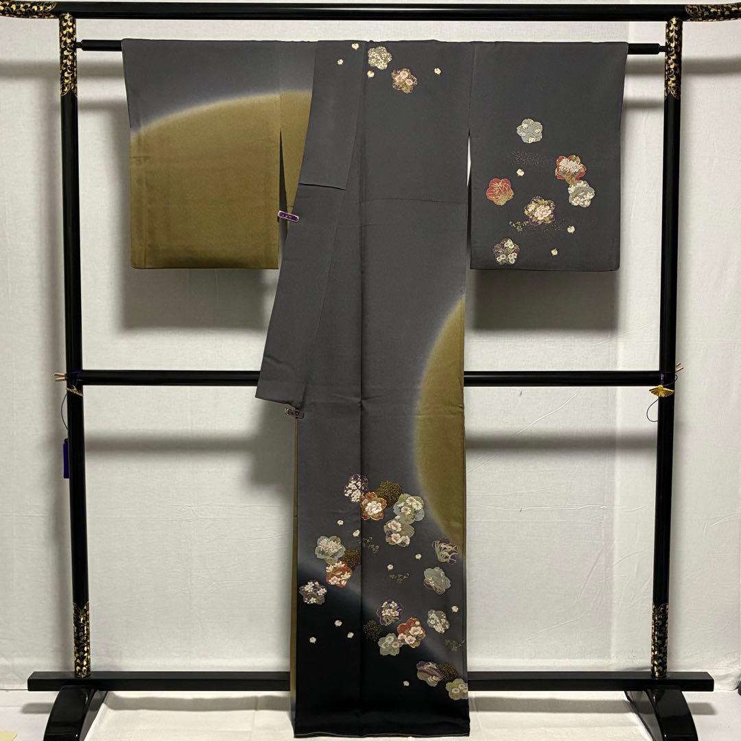 D137 訪問着　桜　金駒刺繍　花模様　ちりめん　極美品