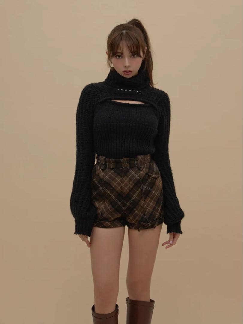 ANDMARY Ribbon check mini pants ブラウンS