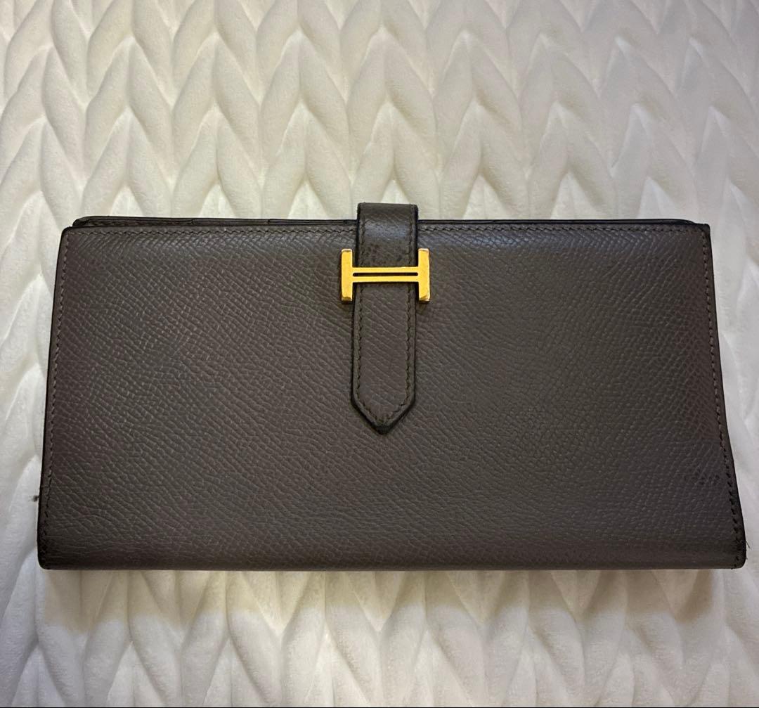 HERMES グレー レザー 長財布　ベアン　スフレ　エルメス