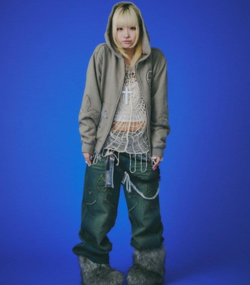 美品【GALFY】百合の紋紋パーカー /【ガルフィー】ロゴダブルジップパーカー