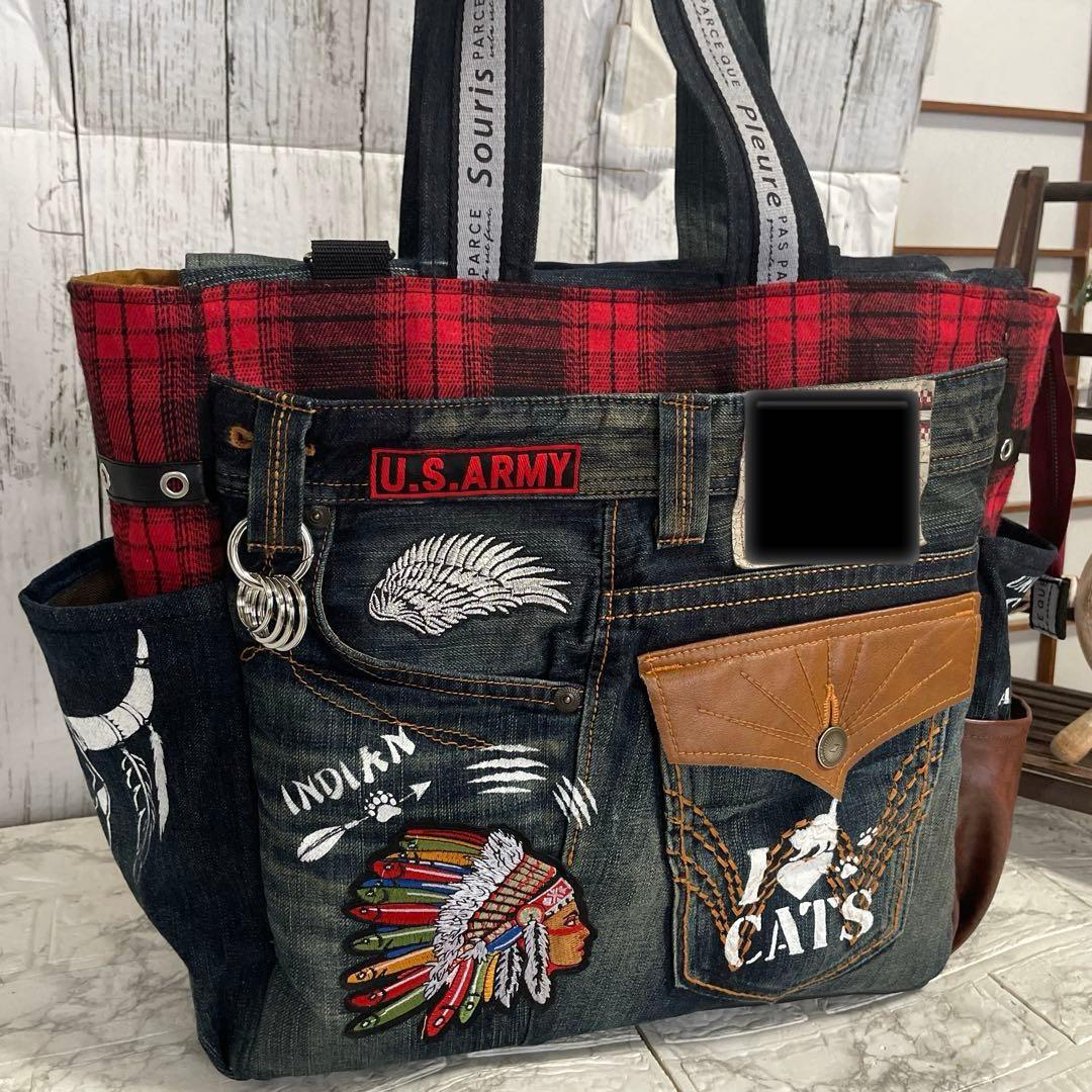 No.536 デニムリメイクバッグ　肩掛けトートバッグ　キャットインディアン