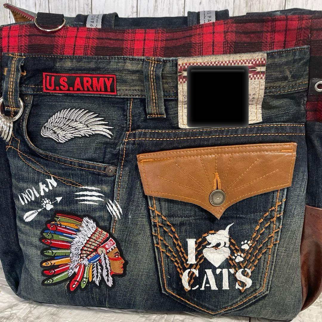 No.536 デニムリメイクバッグ　肩掛けトートバッグ　キャットインディアン