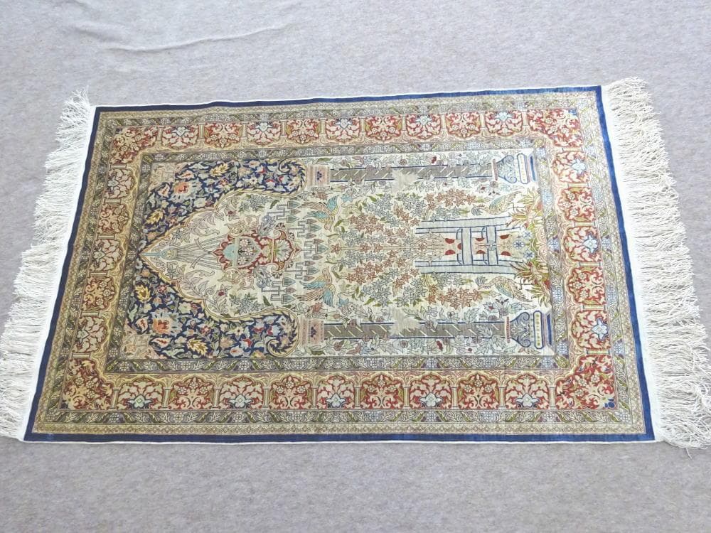 トルコ　ヘレケ　シルク　ペルシャ絨毯　工房サイン　アクセントラグ　美品