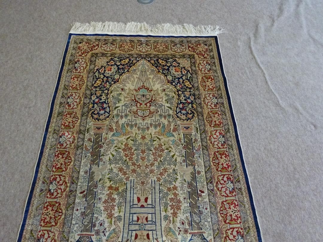 トルコ　ヘレケ　シルク　ペルシャ絨毯　工房サイン　アクセントラグ　美品