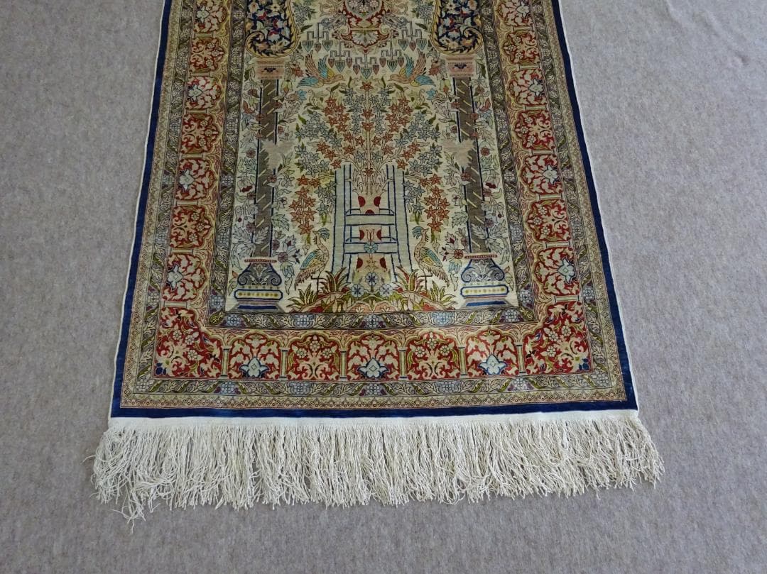 トルコ　ヘレケ　シルク　ペルシャ絨毯　工房サイン　アクセントラグ　美品