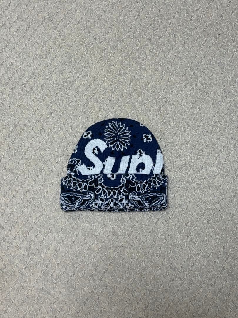 Supreme バンダナ柄 ニット帽 ネイビー