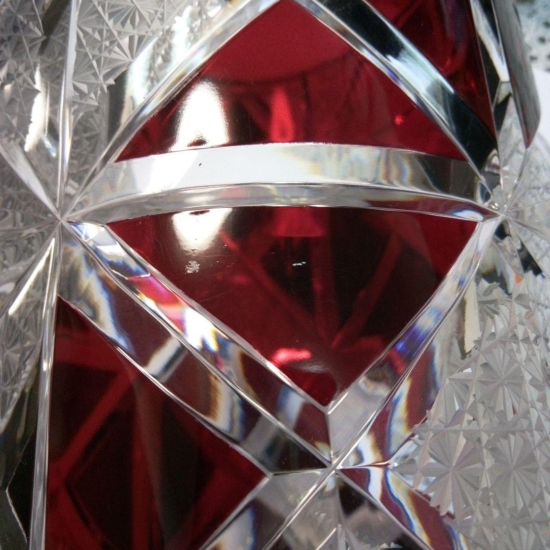 【 美品 】切子 菊繋ぎ クリスタル花瓶 銅赤