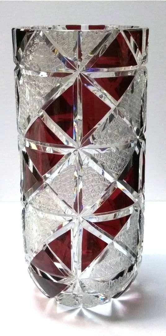 【 美品 】切子 菊繋ぎ クリスタル花瓶 銅赤