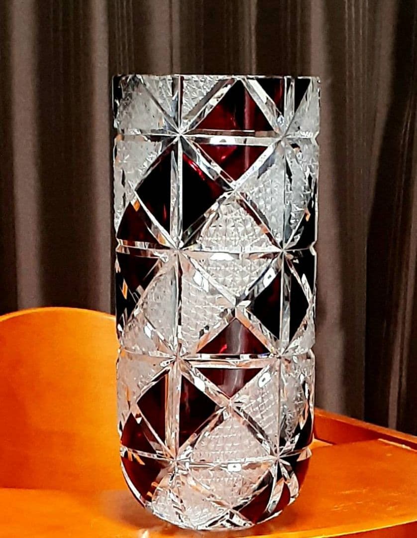 【 美品 】切子 菊繋ぎ クリスタル花瓶 銅赤