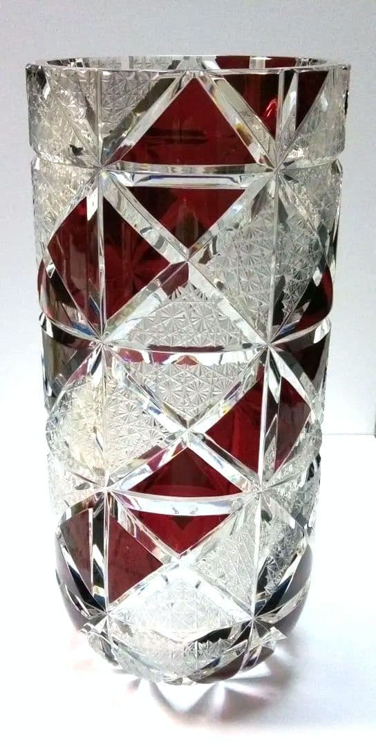 【 美品 】切子 菊繋ぎ クリスタル花瓶 銅赤