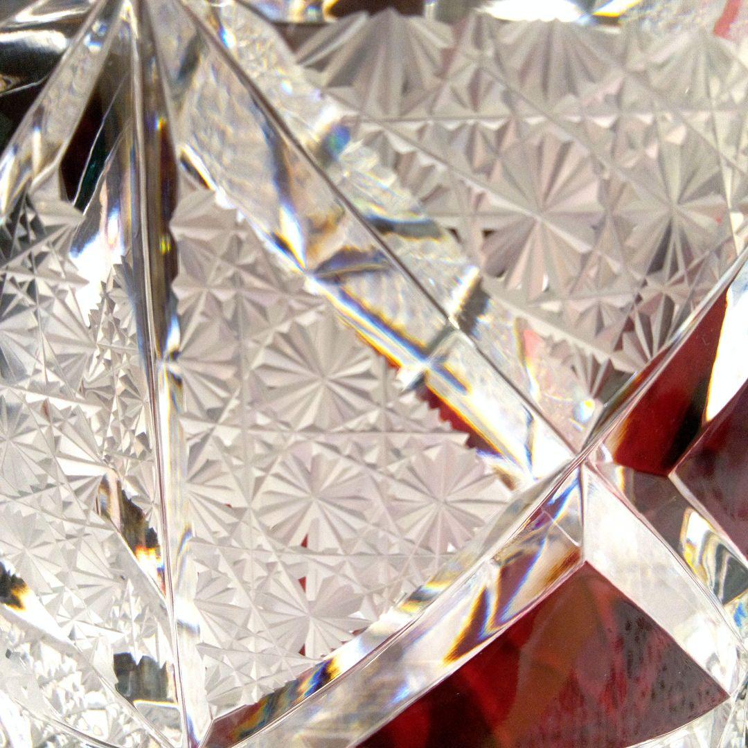 【 美品 】切子 菊繋ぎ クリスタル花瓶 銅赤